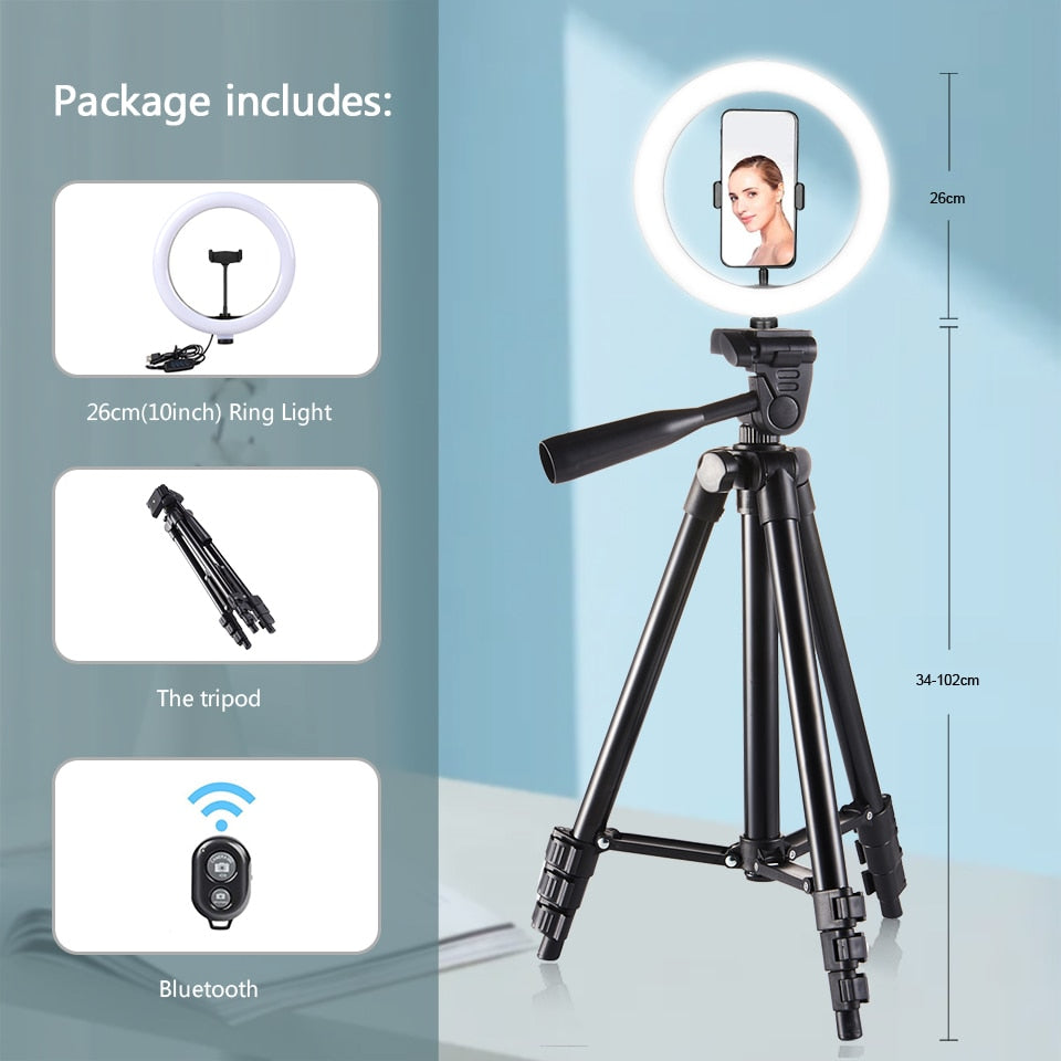 26cm Photo Ringlight Led Selfie Ring Light Phone Remote Control Lamp Photography Lighting With Tripod Stand Holder Youtube Video